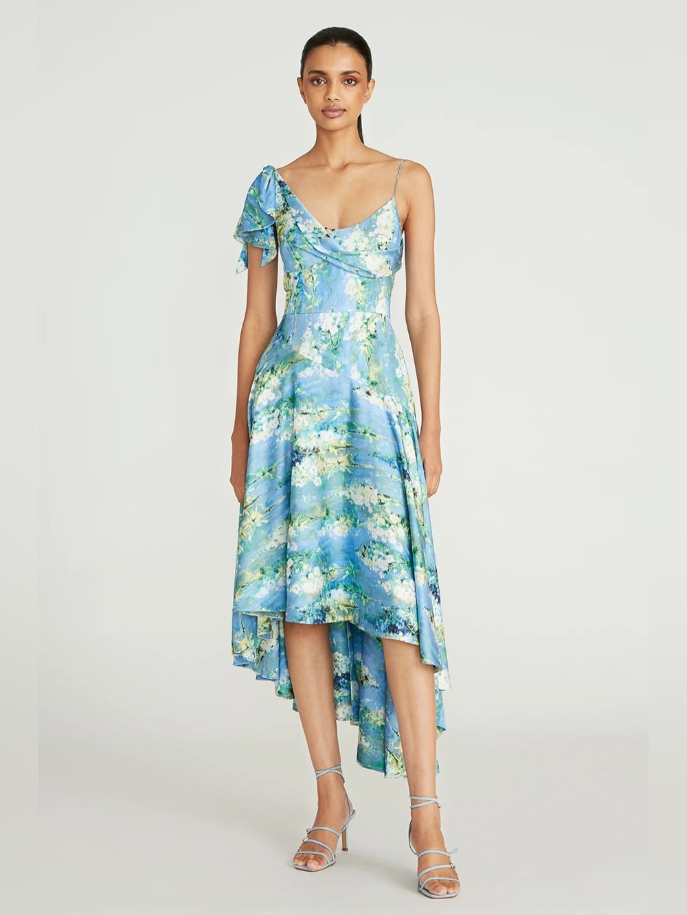 Theia Blue and Green Floral One-Shoulder High-Low Dress